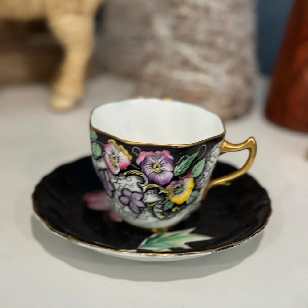 Royal White China tea cup and saucer black with pink floral